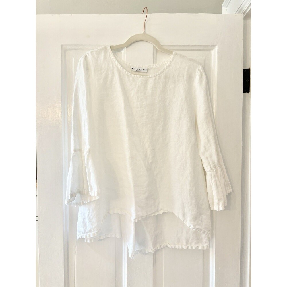 Bryn Walker Fran Linen Round Neck Ruffle Shirt White Sz M Relaxed Fit Boho Beach - Picture 3 of 9